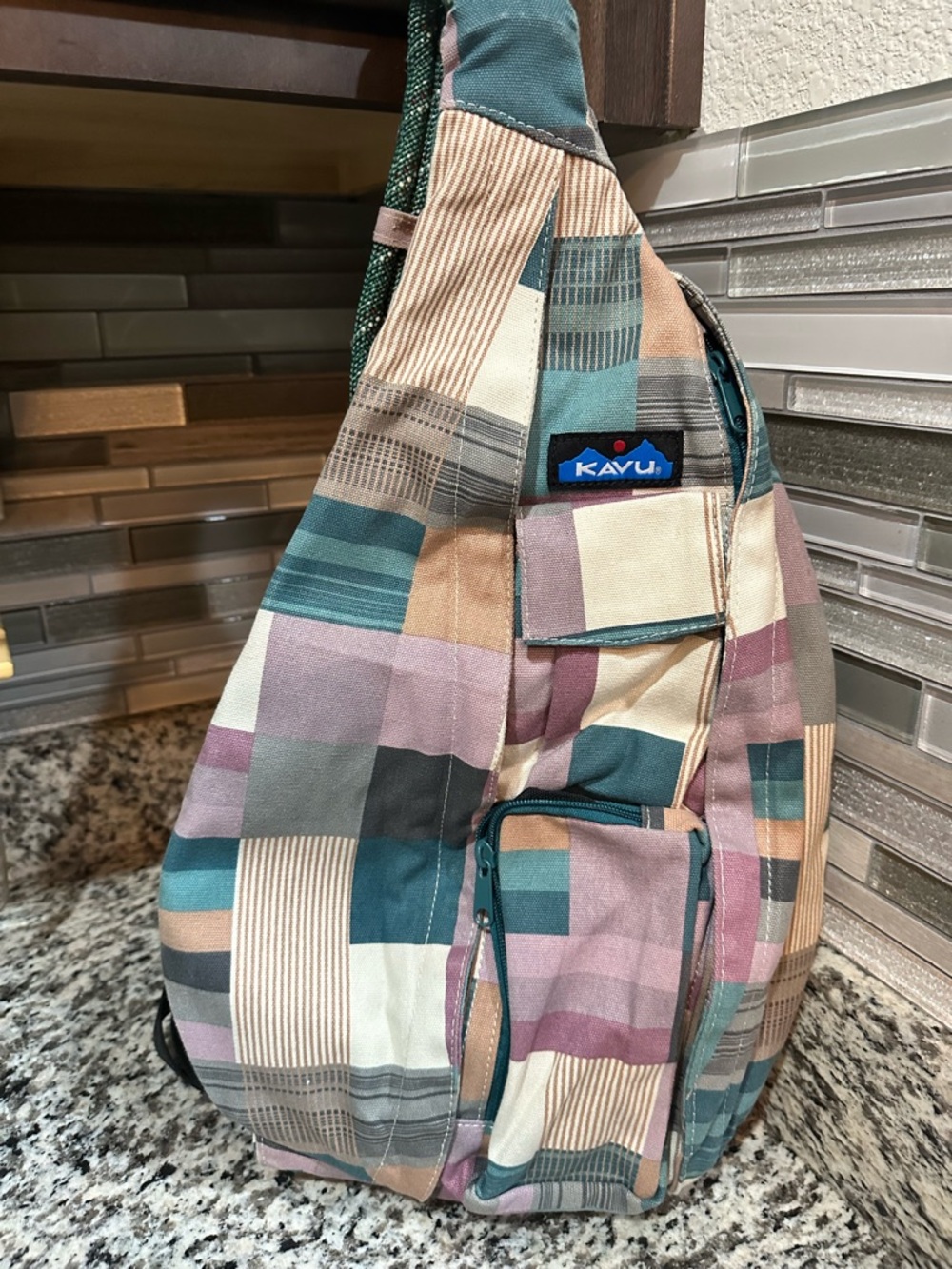 Kavu Teal, Mauve and Tan Patchwork Sling Bag